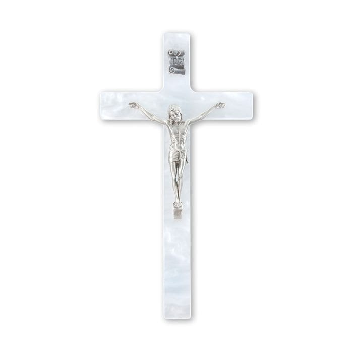 Pearl White Cross with Pewter Corpus, 7"